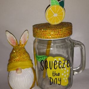 lemon Mason Jar with lid + straw & gnome